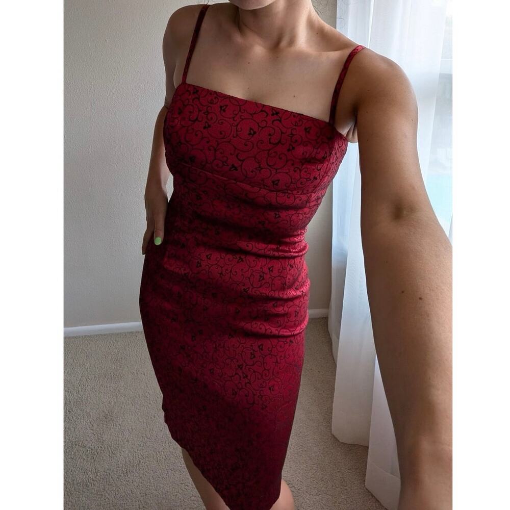 Vintage 90s Red black Satin bodycon Midi Dress whimsigoth semi formal cocktail